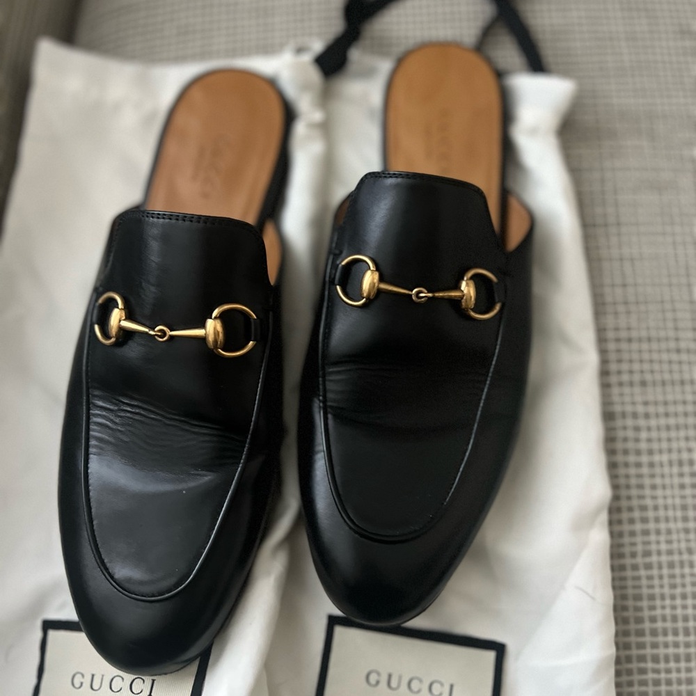Gucci Black Leather Loafers with Tan Interior